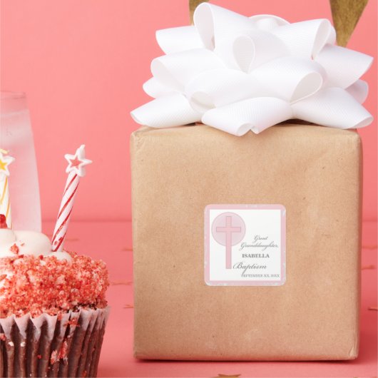 Doop achterkleindochter roze kant gepersonaliseerd vierkante sticker (Feest)