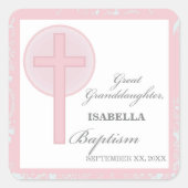 Doop achterkleindochter roze kant gepersonaliseerd vierkante sticker (Voorkant)