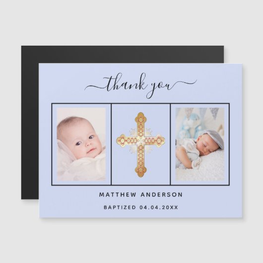 Doop baby boy blauwe foto dank u magneet magnetische uitnodiging (Voorkant / Achterkant)