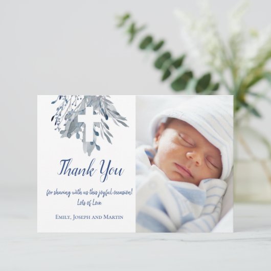 Doop Baby Boy Dank u Blauwe waterverf Kaart (Staand voorkant)