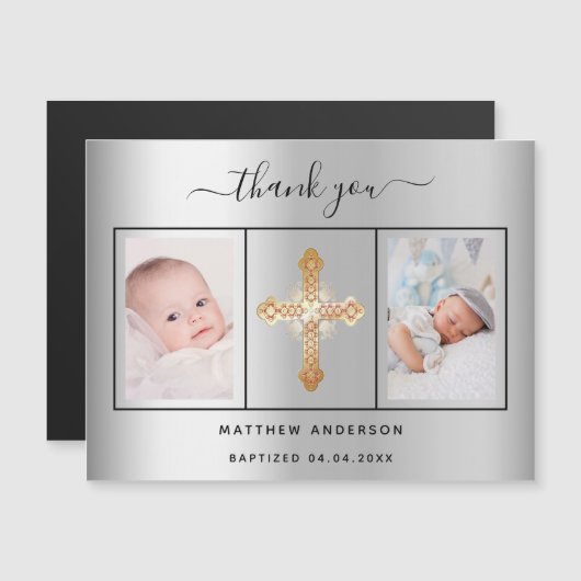 Doop baby boy zilveren foto dank u magneet magnetische uitnodiging (Voorkant / Achterkant)