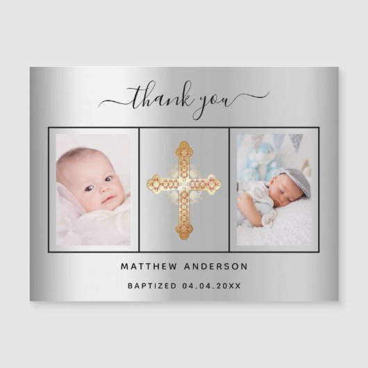 Doop baby boy zilveren foto dank u magneet magnetische uitnodiging (Voorkant)