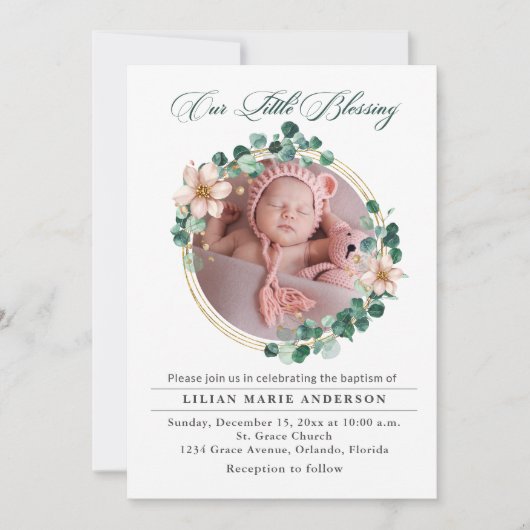 Doop Baby Eucalyptus Poinsettia Foto Feestdagenkaart (Voorkant)