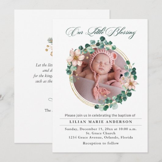 Doop Baby Eucalyptus Poinsettia Foto Feestdagenkaart (Voorkant / Achterkant)