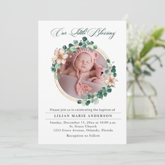 Doop Baby Eucalyptus Poinsettia Foto Feestdagenkaart (Staand voorkant)