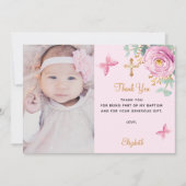 Doop baby meisje roze roos foto dank je kaart (Voorkant)