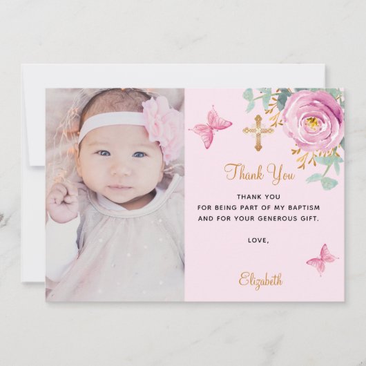 Doop baby meisje roze roos foto dank je kaart (Voorkant)