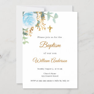 Doop blauw bloemen goud jongen magnetische uitnodiging
