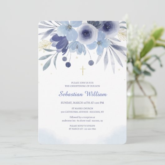 Doop Blauw Bloemen Uitnodiging (Staand voorkant)