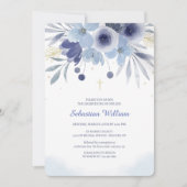 Doop Blauw Bloemen Uitnodiging (Voorkant)