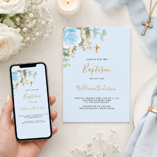 Doop blauw bloemendecor jongen gouden kruis kaart