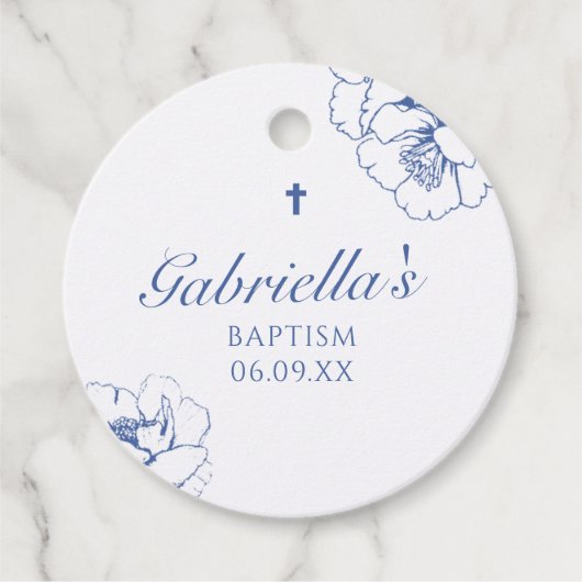 Doop Blauw Botanisch Bloemmotief Bedankjes Labels (Voorkant)