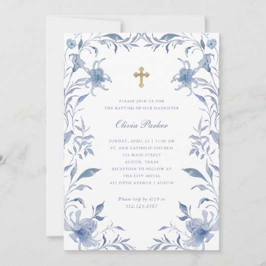 doop | Blauw en wit Bloemen Lijst Chinoiserie Kaart (Voorkant)