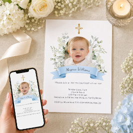 Doop Blauw Foto Boog Jongen Witte Bloemen Kaart