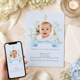 Doop Blauw Foto Boog Jongen Witte Bloemen Kaart