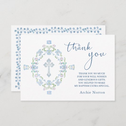 Doop Blauw Groene Bloemen Dank u Bedankkaart (Voorkant / Achterkant)