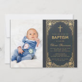 Doop Blauw  Jongen Foto Gold Cross & Script Kaart (Voorkant)