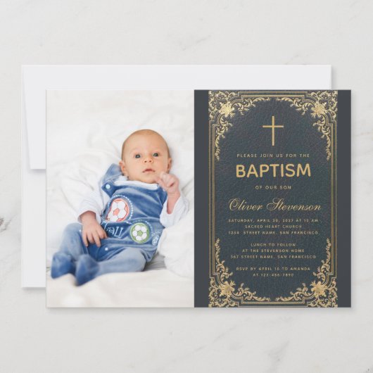 Doop Blauw  Jongen Foto Gold Cross & Script Kaart (Voorkant)