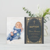 Doop Blauw  Jongen Foto Gold Cross & Script Kaart (Staand voorkant)