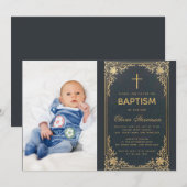 Doop Blauw  Jongen Foto Gold Cross & Script Kaart (Voorkant / Achterkant)