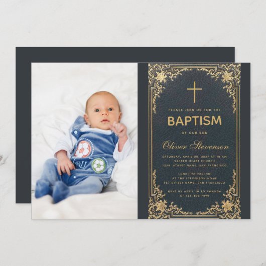 Doop Blauw  Jongen Foto Gold Cross & Script Kaart (Voorkant / Achterkant)