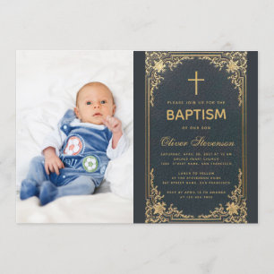 Doop Blauw Jongen Foto Gold Cross & Script Kaart
