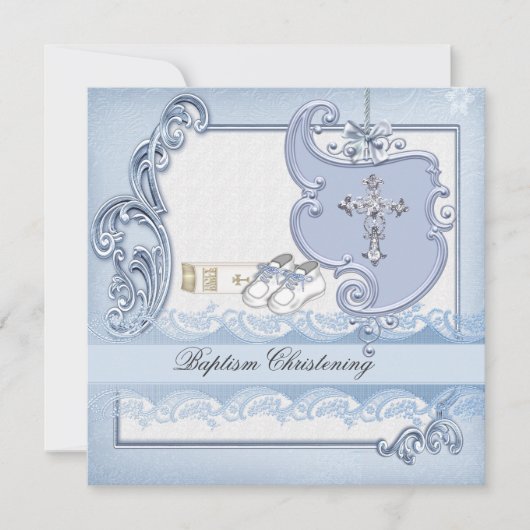 Doop Blauw Kruis Jongen damast doopfeest Kaart (Voorkant)
