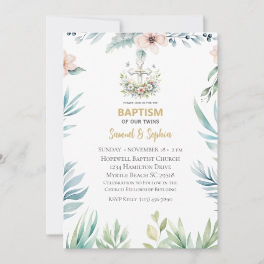 Doop Blauw Roze Bloemen Kruis Tweeling Kaart (Voorkant)