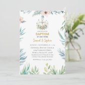 Doop Blauw Roze Bloemen Kruis Tweeling Kaart (Staand voorkant)