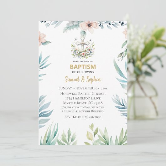 Doop Blauw Roze Bloemen Kruis Tweeling Kaart (Staand voorkant)