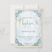 Doop Blauw Rustiek Goud Kruis Doopsel Kaart (Voorkant)