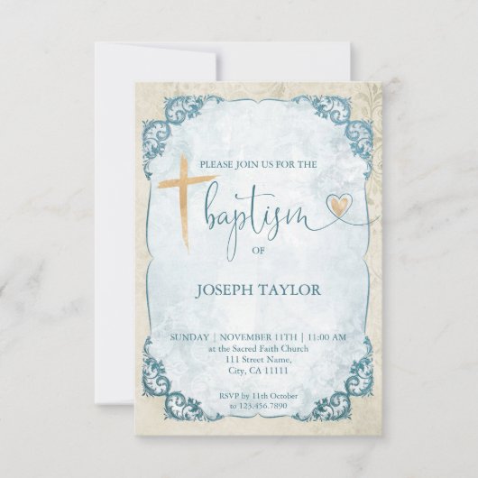 Doop Blauw Rustiek Goud Kruis Doopsel Kaart (Voorkant)