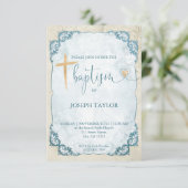 Doop Blauw Rustiek Goud Kruis Doopsel Kaart (Staand voorkant)