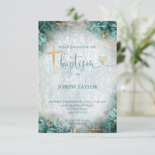 Doop Blauw Rustiek Gouden Kruis Doopfeest Kaart (Staand voorkant)