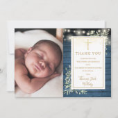 Doop Blauw Rustieke Slingerlichten Groene Foto Bedankkaart (Voorkant)