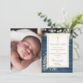 Doop Blauw Rustieke Slingerlichten Groene Foto Bedankkaart (Staand voorkant)