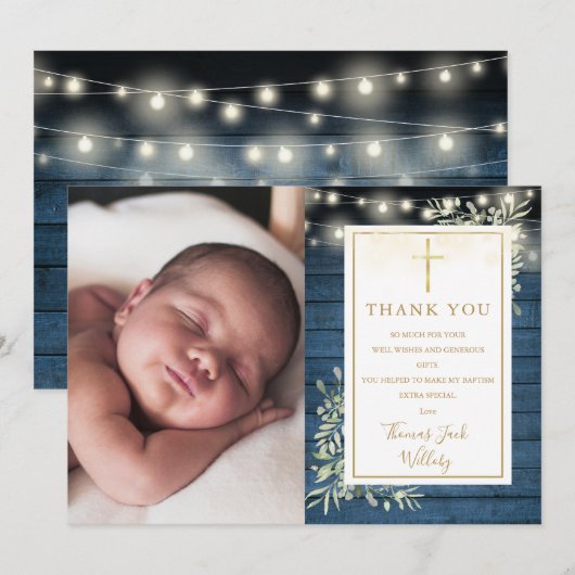 Doop Blauw Rustieke Slingerlichten Groene Foto Bedankkaart (Voorkant / Achterkant)