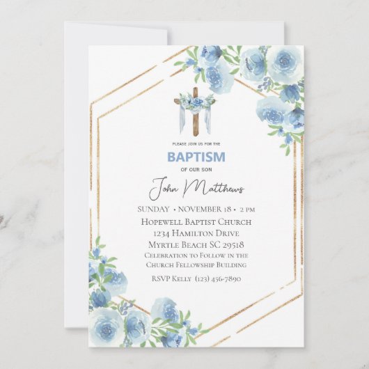 Doop Blauwe Bloemen Draped Cross Boys Kaart (Voorkant)