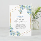 Doop Blauwe Bloemen Draped Cross Boys Kaart (Staand voorkant)