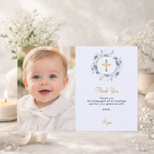 Doop blauwe bloemen foto jongen gouden kruis bedankkaart