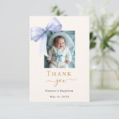 Doop blauwe boog foto crème jongen bedankkaart (Staand voorkant)
