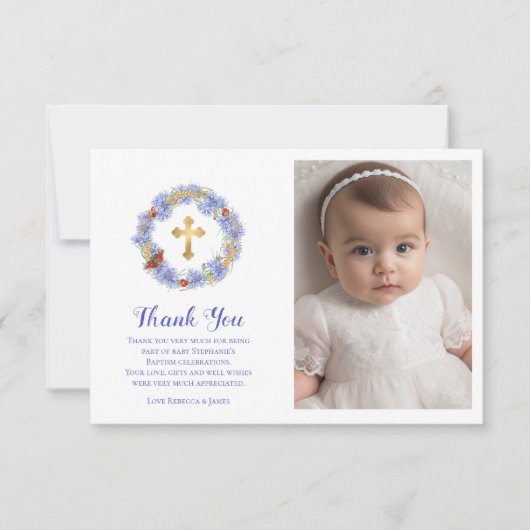 Doop Blauwe Korenbloem & Tarwe Vlinder Foto Bedankkaart (Voorkant)