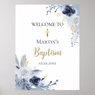 Doop blauwe rozen baby jongen welkom poster