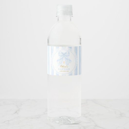 Doop Blauwe Strik Baby Jongen Waterfles Etiket (Voorkant)