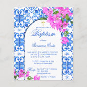 Doop Blauwe Tegels Bougainvillea budget uitnodigin (Voorkant)