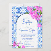 Doop Blauwe Tegels en Bougainvillea elegant Kaart (Voorkant)