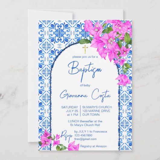 Doop Blauwe Tegels en Bougainvillea elegant Kaart (Voorkant)