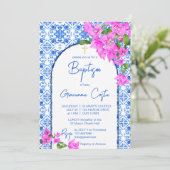 Doop Blauwe Tegels en Bougainvillea elegant Kaart (Staand voorkant)