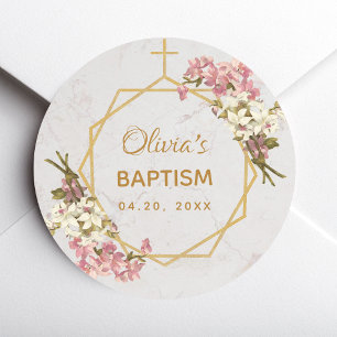 Doop Bloem Goud Roze Orchideeën Marmer Geometrisch Ronde Sticker