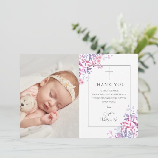 Doop Bloemen Foto Bedankkaart (Staand voorkant)